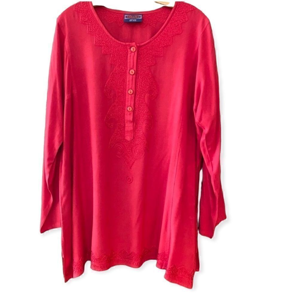 Fabulous Tomato Red Henley BOHO Relaxed Oversized Embroidered Long Sleeve Tunic
